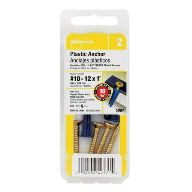 Hillman 5067 10-12 x 1"  Plastic Anchors with Screws Brass 4 pack lot of 5